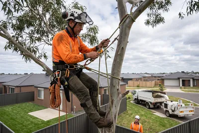 Qualified arborist working with a two rope climbing system in a backyard eucalyptus in Werribee